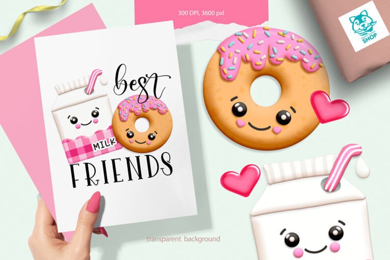 May include: A card with the text "best friends" and illustrations of a carton of milk and a donut with pink frosting and sprinkles. The milk carton and donut have cute cartoon faces.