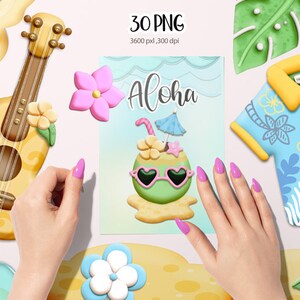 May include: A set of 30 digital illustrations featuring a variety of summer-themed elements, including a ukulele, flowers, a coconut drink with sunglasses, a tropical shirt, and palm leaves. The illustrations are in a cartoon style and are perfect for creating digital or printed projects.