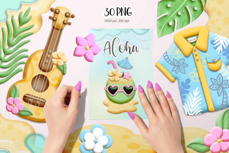 May include: A set of 30 digital illustrations featuring a variety of summer-themed elements, including a ukulele, flowers, a coconut drink with sunglasses, a tropical shirt, and palm leaves. The illustrations are in a cartoon style and are perfect for creating digital or printed projects.