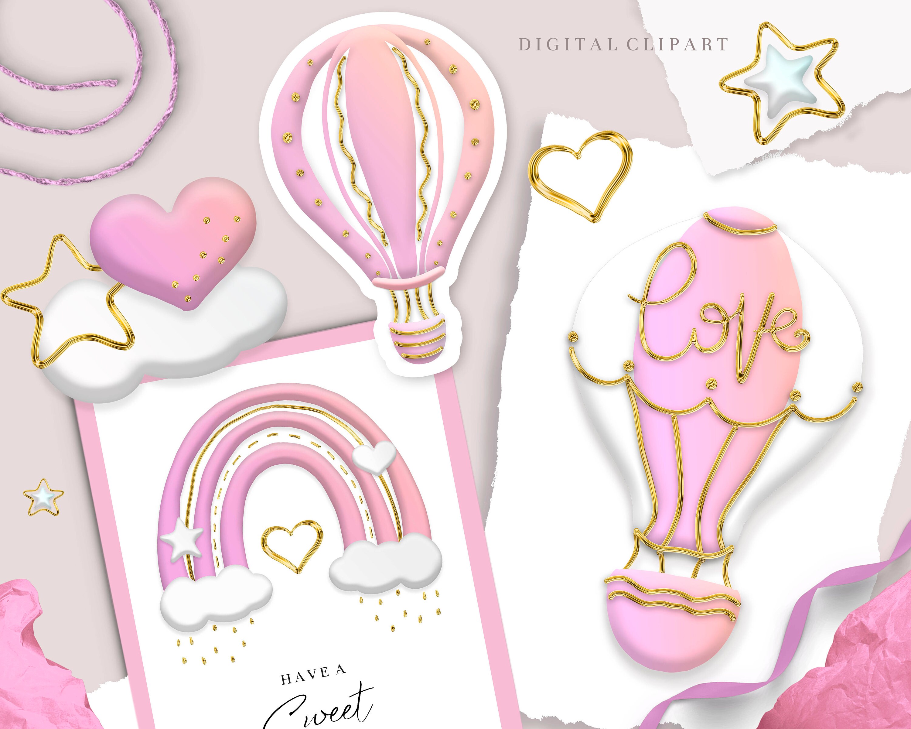 Hot Air Balloon Clipart Pink Hot Air Balloons Png Digital - Etsy