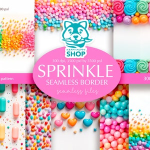 Könnte beinhalten: Ein Set mit 12 nahtlosen digitalen Papiermustern mit bunten Streuseln, Süßigkeiten und Herzen. Die Muster eignen sich perfekt zum Erstellen von Hintergründen, Rändern und anderen Designs.