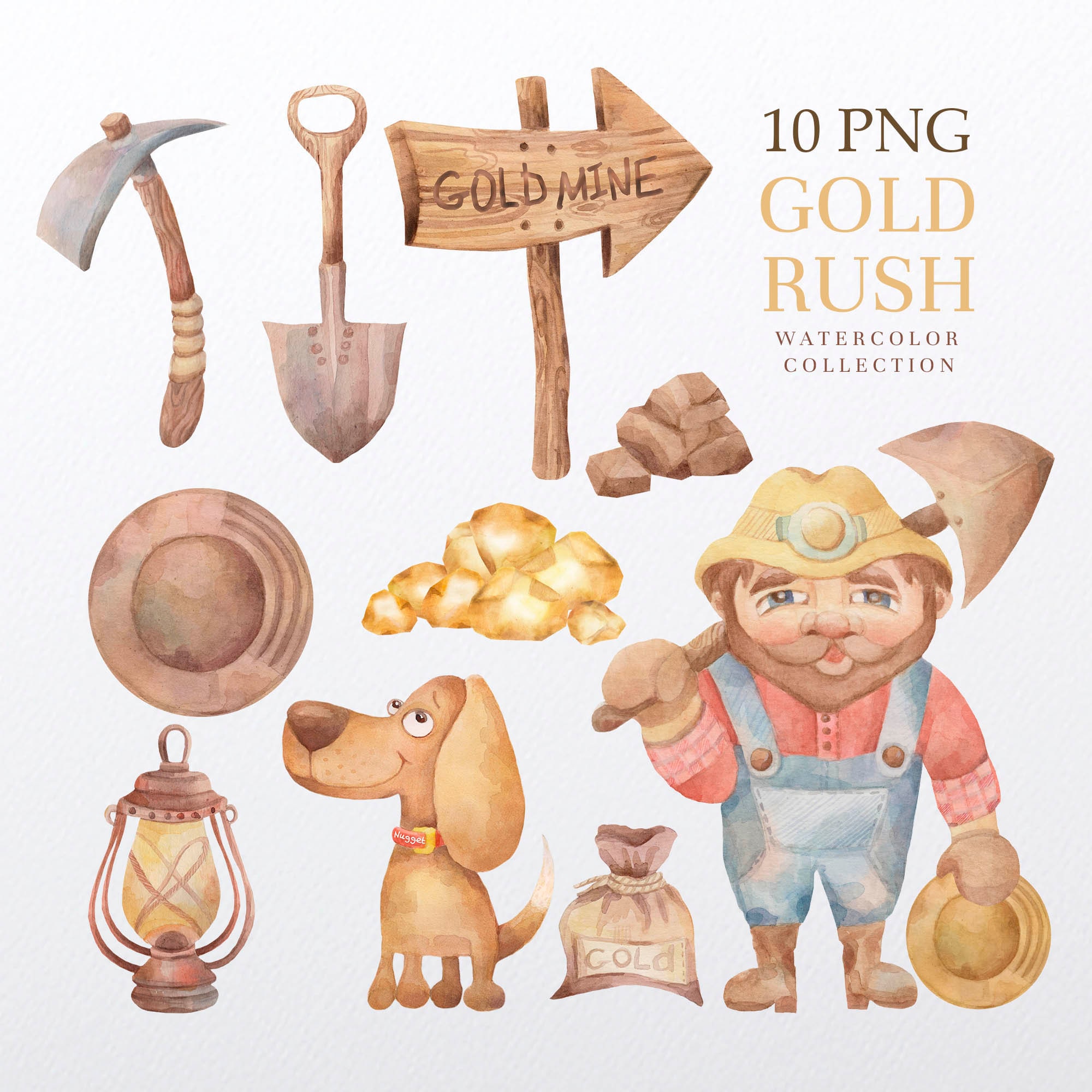 Watercolor Set,gold Rush Clip Art,gold Miner and Dog, Nuggets and Gold  Digging Tools, Pick and Plate, Shovel and Bag .png,instant DOWNLOAD - Etsy