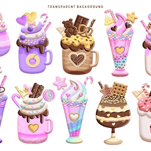 Milchshake Clipart, Süßigkeiten Clip Art, heiße Kakao Tassen png, Cocktails und Monster Shake png, digitaler Download.