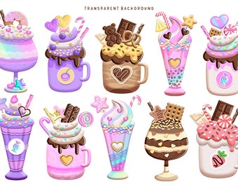 Milkshake clipart, sweets clip art, hot cocoa mugs png, cocktails and monster shake png, Digital download.