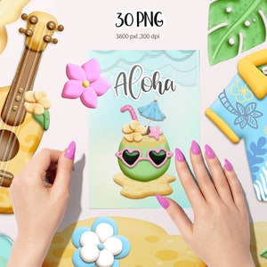 Op de afbeelding: Een set van 30 digitale illustraties met verschillende tropische en zomerse elementen, waaronder een ukulele, bloemen, een kokosnootdrankje met een zonnebril, een tropisch shirt en het woord "Aloha".