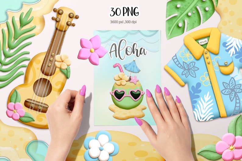Op de afbeelding: Een set van 30 digitale illustraties met verschillende tropische en zomerse elementen, waaronder een ukulele, bloemen, een kokosnootdrankje met een zonnebril, een tropisch shirt en het woord "Aloha".