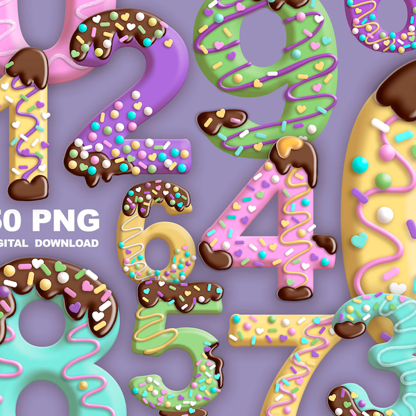 Sweet numbers clipart, Sprinkles clip art, dripping frosting font, Birthday number png, Digital download.
