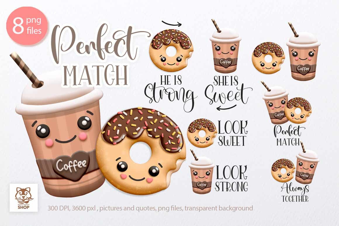 Coffee and donut clipart, Kawaii couple png, Best friends clipart, Digital download.