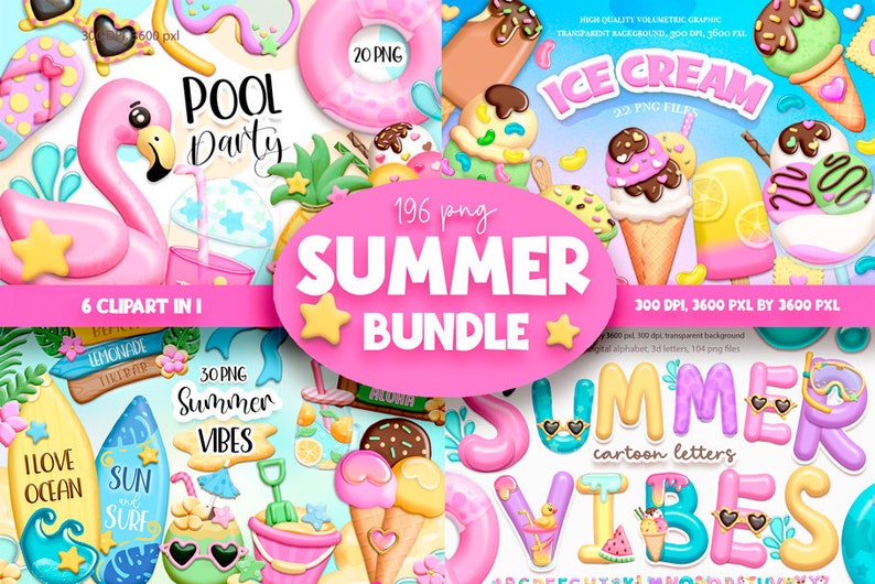 May include: A digital clipart bundle with 196 summer themed images. The bundle includes a pink flamingo float, ice cream cones, a pool party sign, a surfboard, and a set of colorful cartoon letters that spell out "SUMMER VIBES".