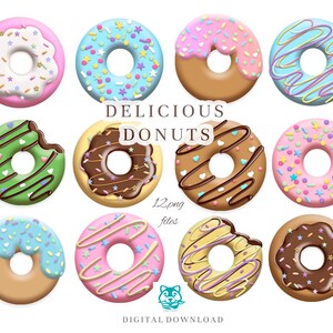 K&ouml;nnte beinhalten: Zw&ouml;lf digitale Illustrationen von verschiedenen Donuts mit verschiedenen Bel&auml;gen, darunter Streusel, Schokolade und Zuckerguss. Die Donuts sind in verschiedenen Farben, darunter rosa, blau, gr&uuml;n und braun. Der Text "DELICIOUS DONUTS" steht in der Mitte des Bildes.