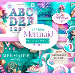 Little Mermaid png, Mermaid Bundle, 3D Buchstaben und Zahlen, digitales Papier