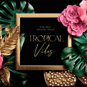 Tropische Blätter Clipart, rosa Blume und Monstera Blatt digitaler Hintergrund, digitaler Download.