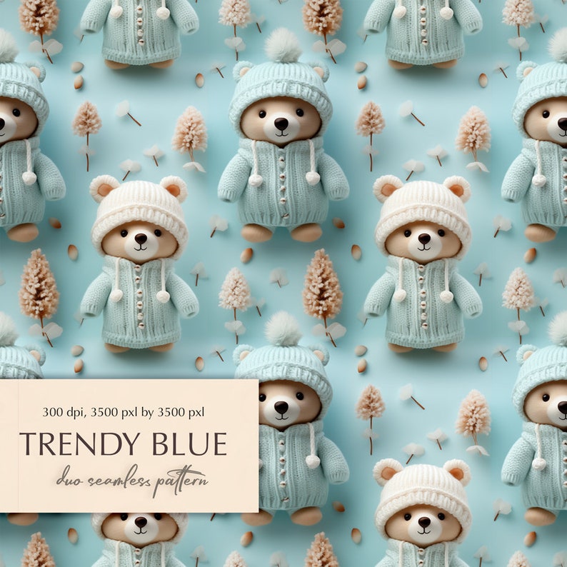 Teddy Bear Seamless Pattern, 3d Blue Digital Papers, DIGITAL DOWNLOAD ...