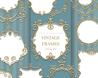 Gold frame clipart, digital frames clip art, vintage label png, Instant download.