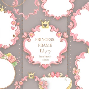Clipart cornice acquerello, cornice floreale png, cornici digitali glitter clip art, piccola principessa clipart, cornici bambina png, download istantaneo.
