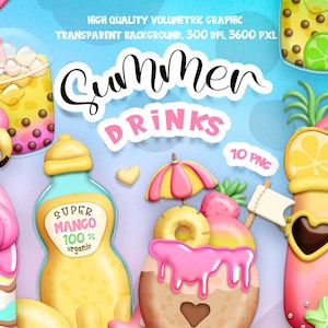 May include: A set of 10 digital illustrations of summer drinks, including a pink flamingo float, a pineapple and strawberry smoothie, a mango juice bottle, a bubble tea, and a donut with a pink glaze. The illustrations are in a cartoon style and have a bright, colorful aesthetic.