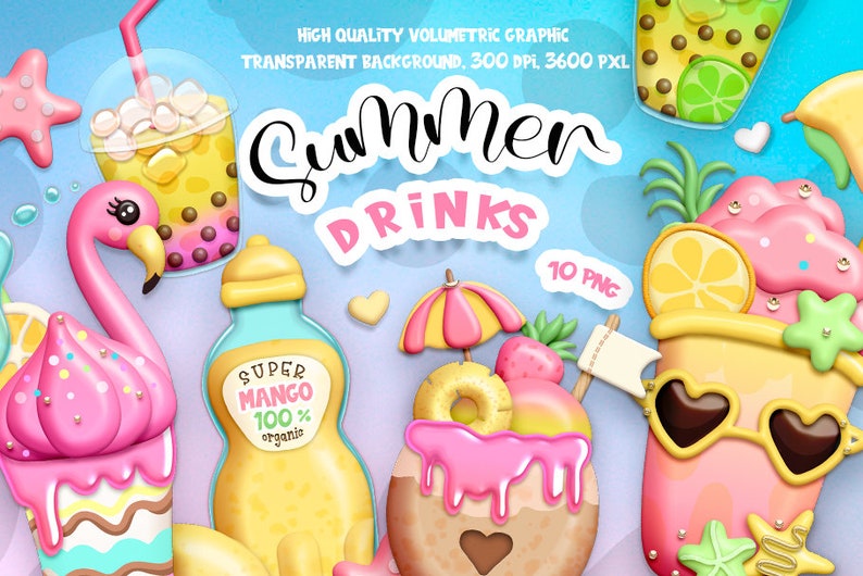 May include: A set of 10 digital illustrations of summer drinks, including a pink flamingo float, a pineapple and strawberry smoothie, a mango juice bottle, a bubble tea, and a donut with a pink glaze. The illustrations are in a cartoon style and have a bright, colorful aesthetic.