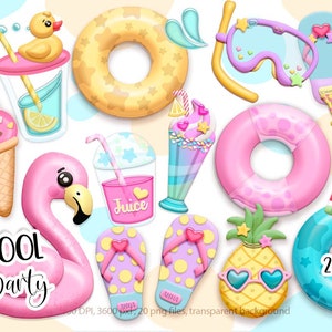 May include: A set of 20 digital illustrations featuring summer pool party themed items. The illustrations include a pink flamingo float, a blue and white striped pool float, a yellow pineapple with sunglasses, a watermelon slice, a pink and white striped pool float, a yellow rubber duck, a pink and white striped pair of flip flops, a blue and white striped pair of flip flops, a pink and white striped ice cream cone, a blue and white striped milkshake, a pink and white striped juice box, a pink and white striped pair of goggles, and a blue and white striped pair of sunglasses. The illustrations are in a cartoon style and are perfect for use in digital scrapbooking, card making, and other creative projects.