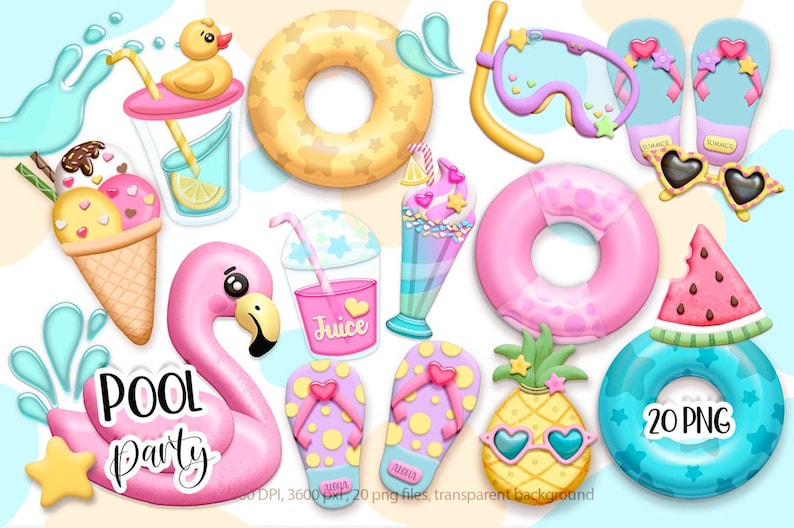 May include: A set of 20 digital illustrations featuring summer pool party themed items. The illustrations include a pink flamingo float, a blue and white striped pool float, a yellow pineapple with sunglasses, a watermelon slice, a pink and white striped pool float, a yellow rubber duck, a pink and white striped pair of flip flops, a blue and white striped pair of flip flops, a pink and white striped ice cream cone, a blue and white striped milkshake, a pink and white striped juice box, a pink and white striped pair of goggles, and a blue and white striped pair of sunglasses. The illustrations are in a cartoon style and are perfect for use in digital scrapbooking, card making, and other creative projects.