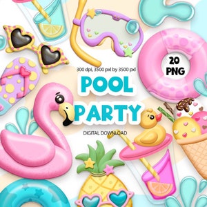 Clipart de verão, clipart de festa na piscina, vibrações de verão png, download digital.