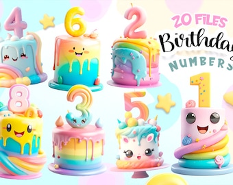 Birthday numbers clipart, sweet number png, rainbow cake clipart, Digital download.