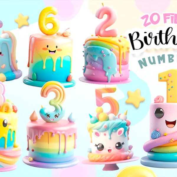 Birthday numbers clipart, sweet number png, rainbow cake clipart, Digital download.