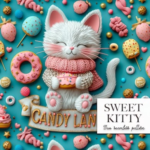 Modèle sans couture 3D, modèle sans couture de chat et de bonbons, papier numérique de beignet, TÉLÉCHARGEMENT NUMÉRIQUE