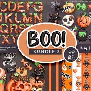 Feliz Halloween png, lindo paquete de Halloween, imágenes prediseñadas de calabaza, letras de Halloween y papel digital