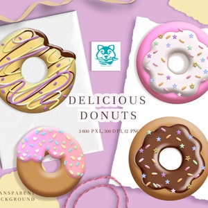 K&ouml;nnte beinhalten: Vier bunte Donuts mit verschiedenen Toppings, darunter Streusel, Sterne und Schokoladenso&szlig;e. Die Donuts befinden sich auf einem wei&szlig;en Hintergrund mit dem Text "DELICIOUS DONUTS 3,600 PX, 300 DPI, 12 PNG TRANSPARENT BACKGROUND".