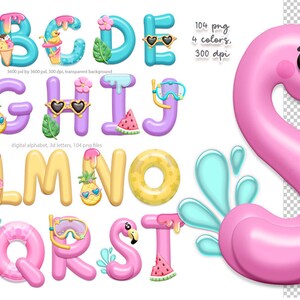 May include: A set of 104 colorful, 3D letters in a summer theme. The letters are decorated with various summer-themed elements, such as ice cream cones, pineapples, watermelon slices, and sunglasses. The letters are available in four colors: blue, yellow, pink, and purple. The letters are 300 dpi and are available in PNG format. The image also includes a pink inflatable flamingo.