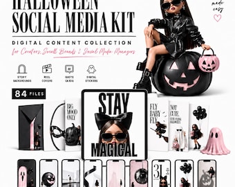 Halloween Social Media Kit: 84 Story Backgrounds, Reel Covers, Editable Canva Quote Cards & Stickers
