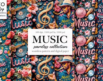 May include: A seamless pattern featuring a colorful musical theme with flowers, musical notes, a microphone, a record player, a disco ball, and the words "Music is love".