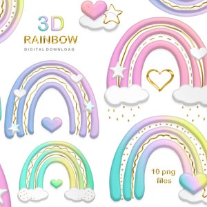 Clipart de arco-íris, bebê arco-íris png, elemento de design dourado e clipart pastel de arco-íris, download instantâneo.