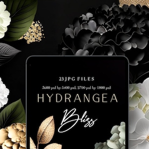 Hortensienblüten und Goldfolienhintergründe, Schwarz-Weiß-Blumentapete,