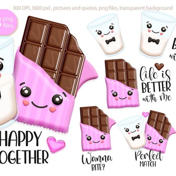 Chocolate and milk clipart, Kawaii couple png, Best friends clipart, Digital download.