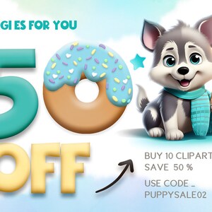 Op de afbeelding: Een schattige cartoon husky puppy die verfkwasten vasthoudt, met een donut en de tekst "GOOGI ES FOR YOU 50% OFF" en "BUY 10 CLIPART - SAVE 50% USE CODE PUPPYSALE02".