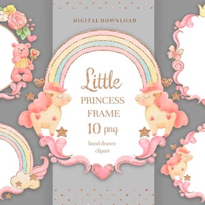 Frame Clipart, Pink digital frames clip art, Watercolor rainbow png, licorne png frame, little princess frames sublimation, Instant download.