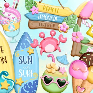 Op de afbeelding: Een set van 30 digitale illustraties met een strandthema. De illustraties omvatten surfplanken, een krab, een kokosnootdrankje, ijshoorntjes, een limonadestand en een bord met de tekst "Beach Lemonade Tiki Bar".