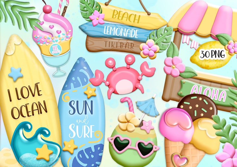 Op de afbeelding: Een set van 30 digitale illustraties met een strandthema. De illustraties omvatten surfplanken, een krab, een kokosnootdrankje, ijshoorntjes, een limonadestand en een bord met de tekst "Beach Lemonade Tiki Bar".