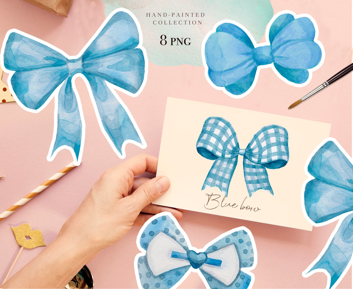 Watercolor Blue Bows Clipart Gingham Bows Clipart Bows Png - Etsy
