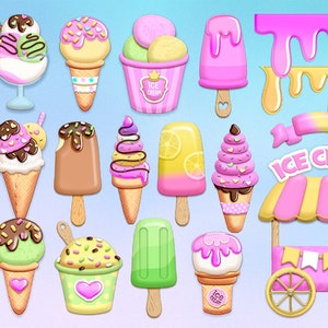 May include: A collection of colorful cartoon ice cream cones, popsicles, and sundaes. There is a pink and yellow ice cream cart with a sign that says "ICE CREAM".