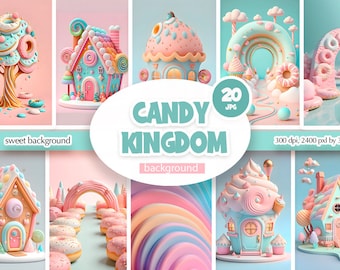 May include: A set of 20 digital backgrounds featuring a whimsical candy kingdom theme. The backgrounds include colorful candy houses, donut trees, and rainbow arches. The backgrounds are perfect for creating invitations, party decorations, or other creative projects.