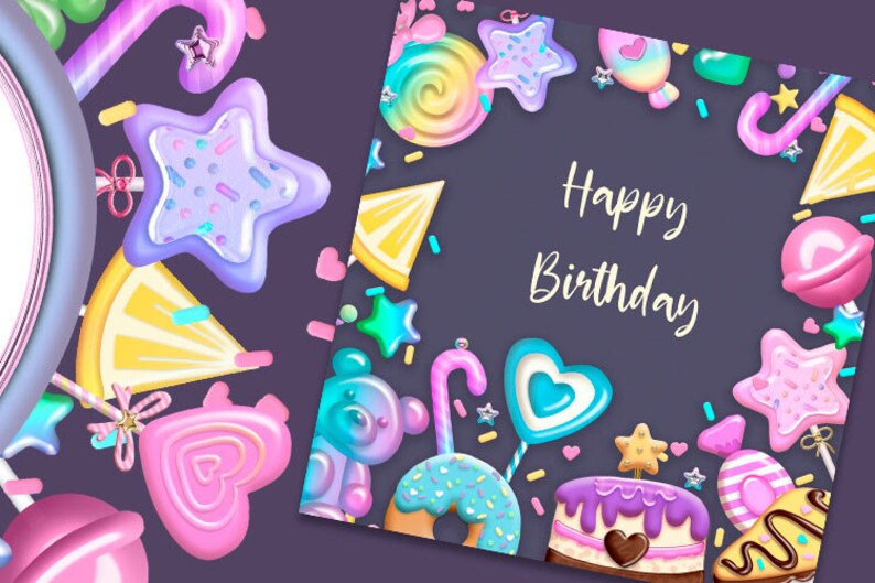 May include: A purple background with a colorful border of candy, lollipops, and stars. The text "Happy Birthday" is in the center of the image.
