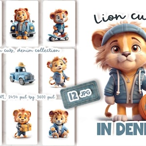 Niedliche Baby Tiere Clipart, Löwe in Jeans Kleidung, Baby Junge Kinderzimmer Wandkunst