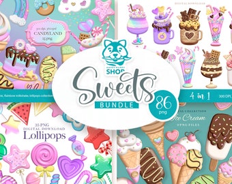 Candyland bundle,Ice cream clipart, Lollipop clipart, Sweet and candy png, Digital download.