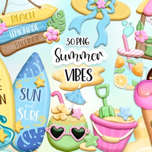 May include: A set of 30 summer-themed digital illustrations, including surfboards, beach signs, ice cream cones, a lemonade stand, and a coconut with sunglasses. The illustrations are in a cartoon style and feature bright colors.