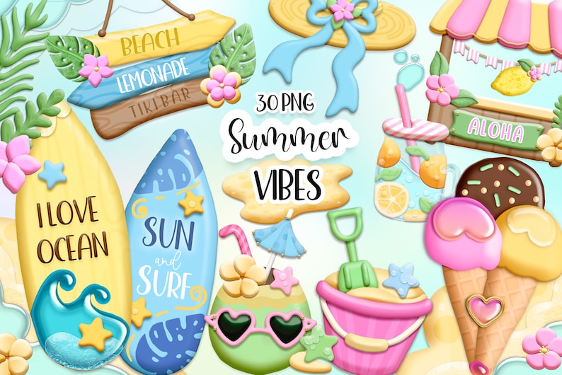May include: A set of 30 summer-themed digital illustrations, including surfboards, beach signs, ice cream cones, a lemonade stand, and a coconut with sunglasses. The illustrations are in a cartoon style and feature bright colors.