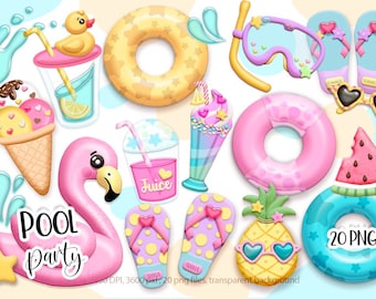 Pool party clipart, Hello summer clip art, summer vibes png, Digital download.