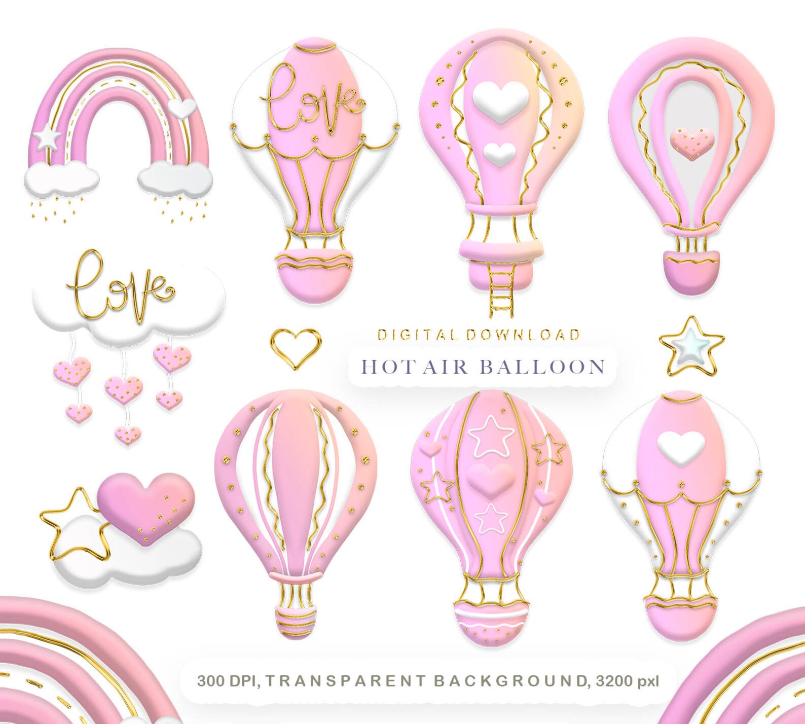 Hot Air Balloon Clipart Pink Hot Air Balloons Png Digital | Etsy