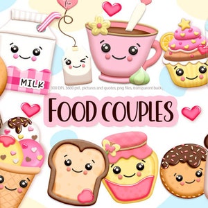 Kawaii clipart, food couple png, donut and milk, cupcake and juice, tea cup and tea bag, ice cream and popsicle png, Digital download.